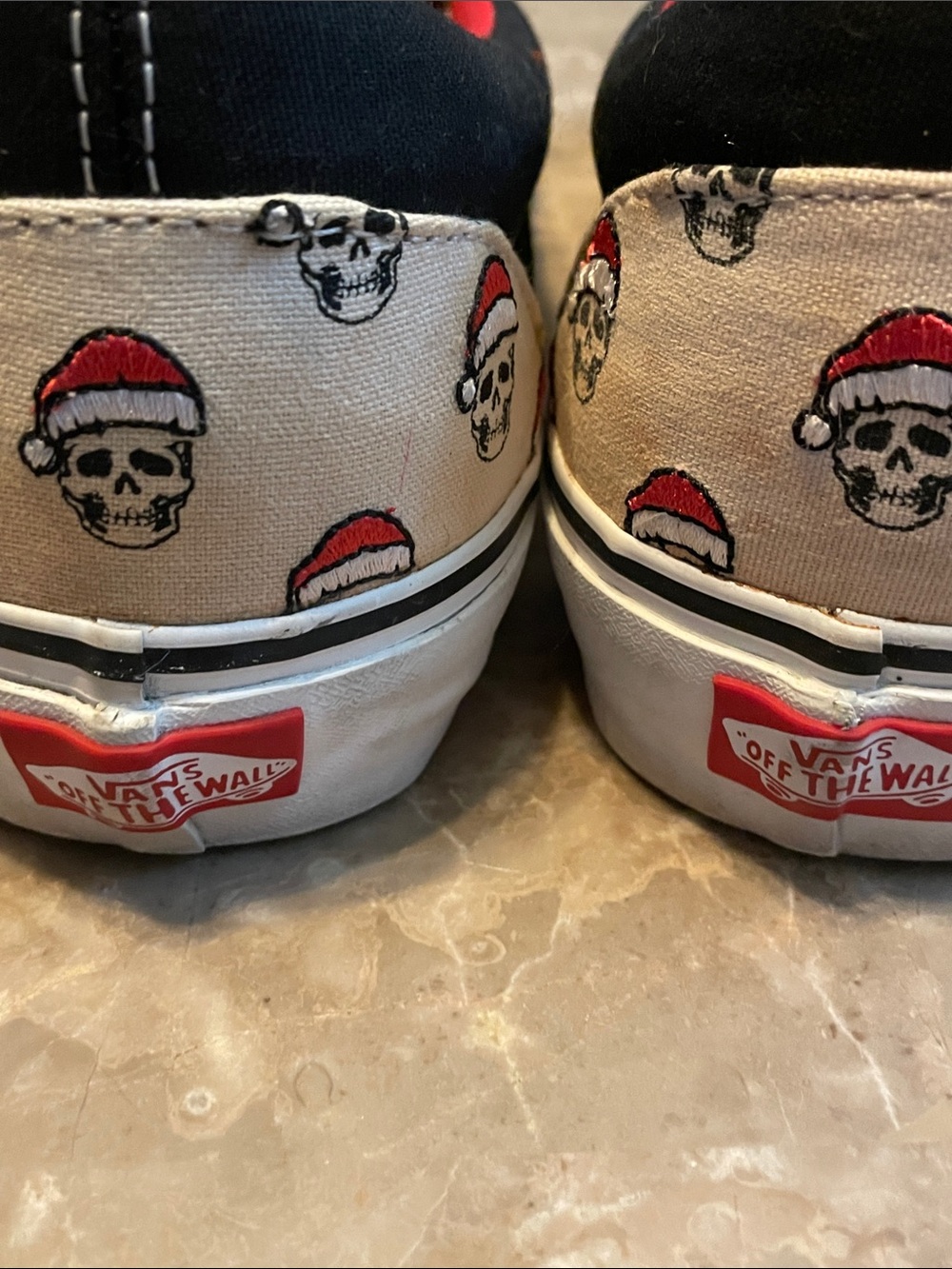 Vans Slip-On Loafers in White, Black, and Red with Skull Print - Picture 2 of 15